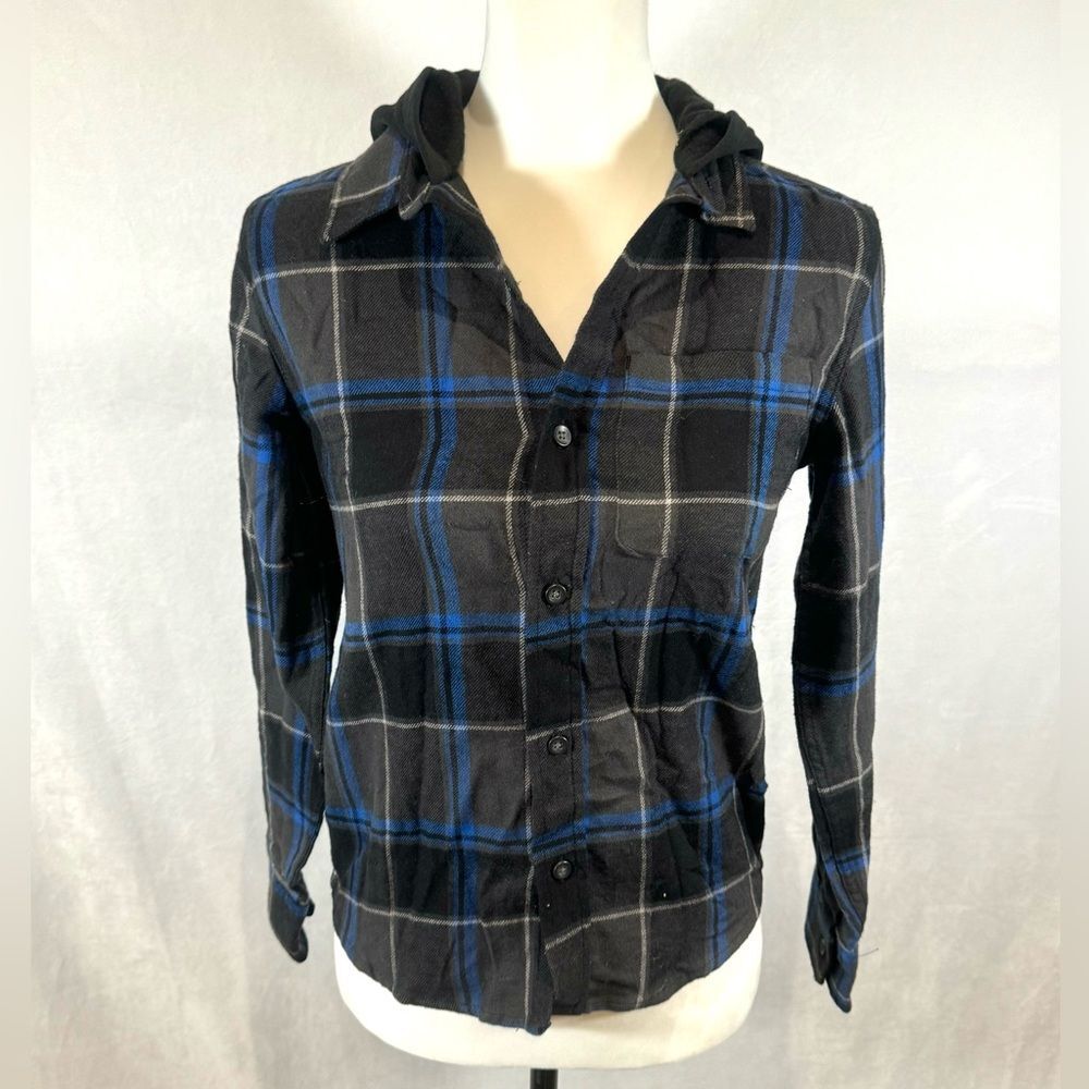 Old Navy black and blue plaid hooded button down flannel top size large